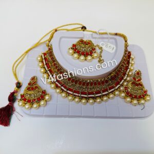 3 Piece Red kundan pearl Choker Necklace