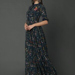 Peacock blue color- Floral Long gown