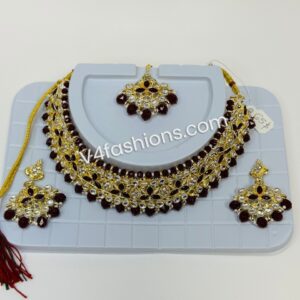 3 Piece wine color kundan pearl Choker Necklace