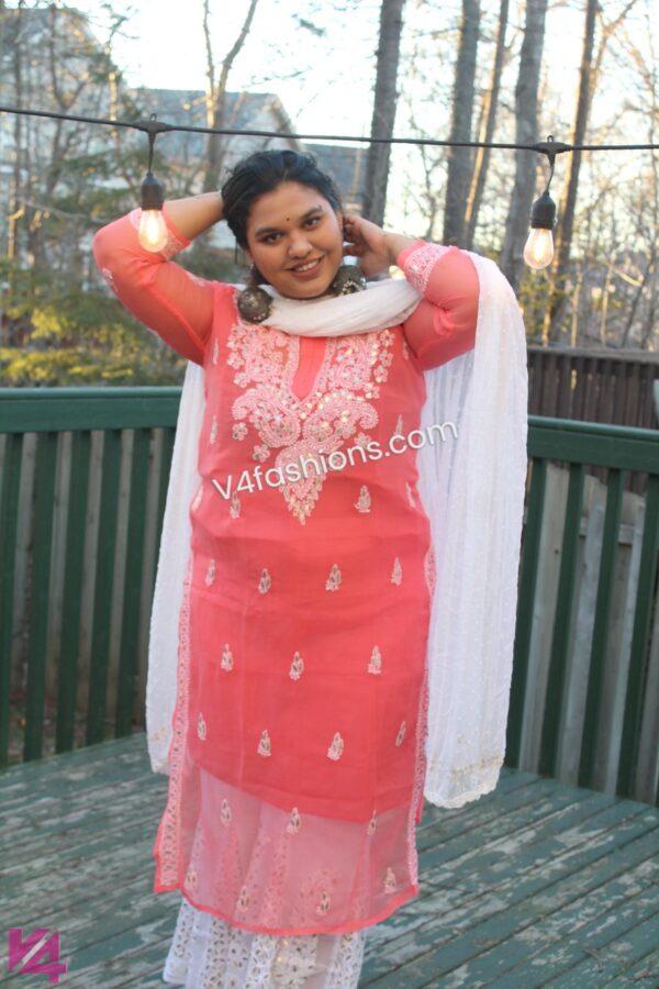 Carrot Pink Chikankari embroidery 3 piece suit