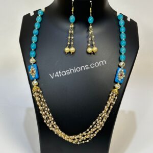 beautiful Skyblue stone - pearl long necklace