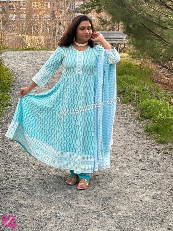 Blue- This is a Three-piece Kurta set with heavy Schiffli embroidery-2