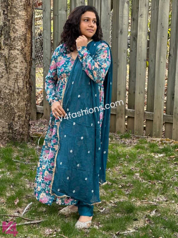 Floral peacock blue- Pure Chiffon Alia cut 3 piece suit 3