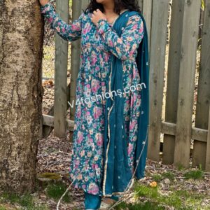 Floral peacock blue- Pure Chiffon Alia cut 3 piece suit 1