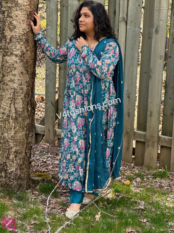 Floral peacock blue- Pure Chiffon Alia cut 3 piece suit 1